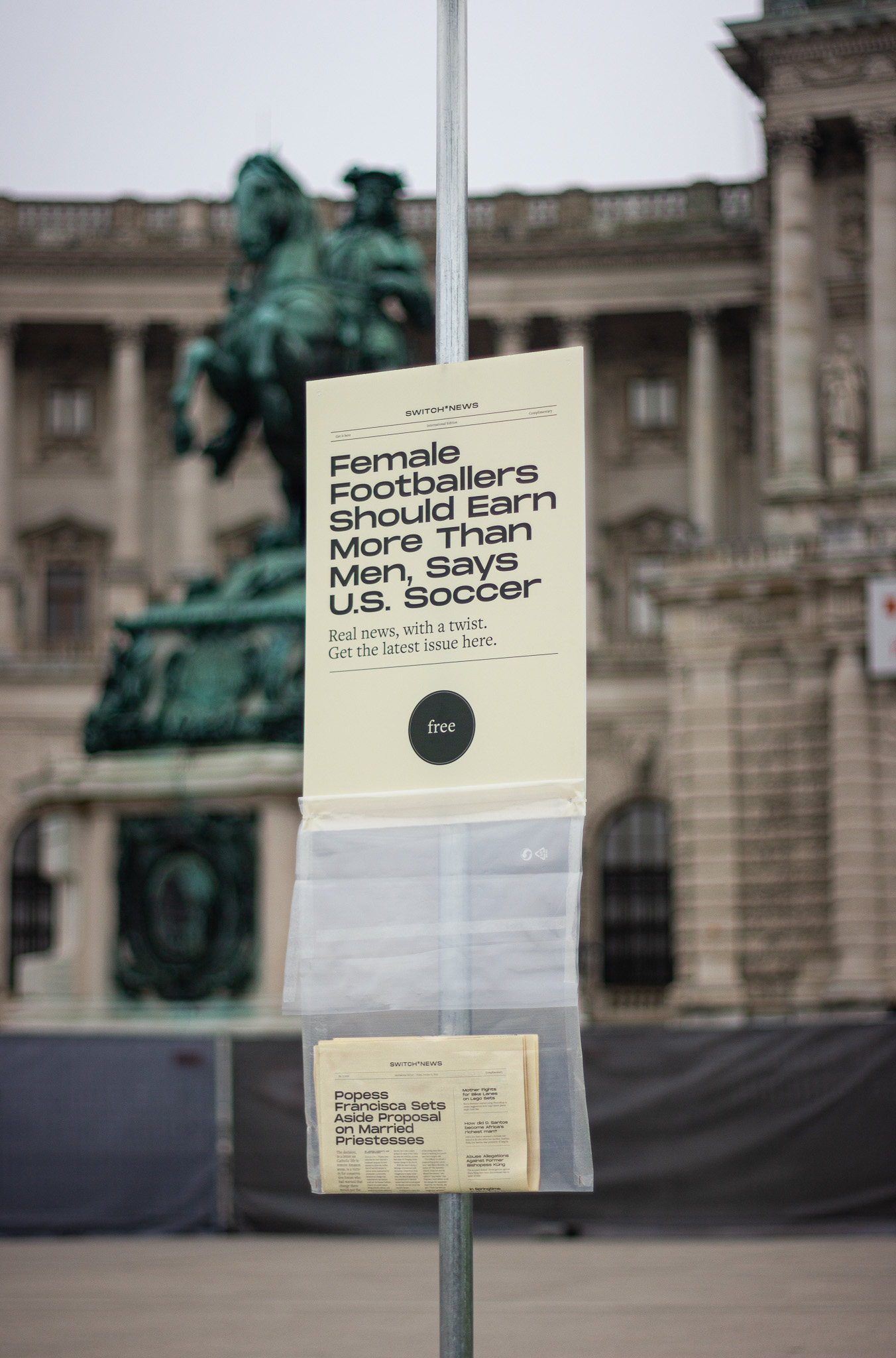 Newspaper bag on display in front of Vienna’s Hofburg Palace.